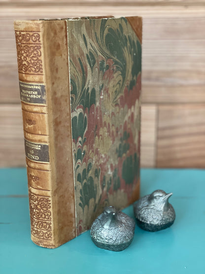 Pair of vintage silver bird salt and pepper shakers beside a marbled antique book. A sophisticated addition to any dining table or home decor collection.