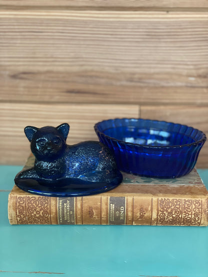 Vintage Cobalt Blue Cat Candy Dish