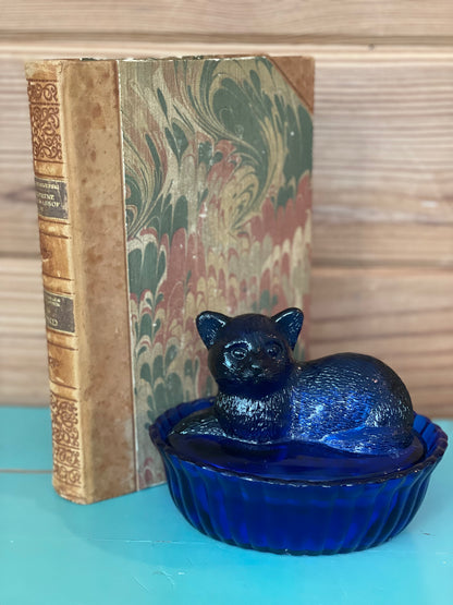 Vintage Cobalt Blue Cat Candy Dish