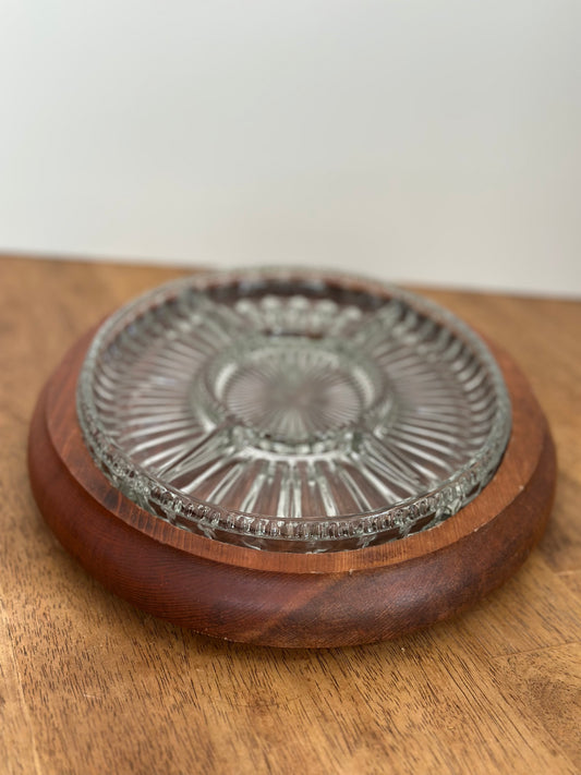 Vintage Wood/Glass Oval Serving Tray