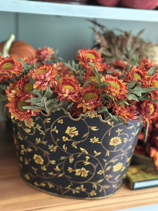 Yellow Floral Tole Cachepot Metal Planter