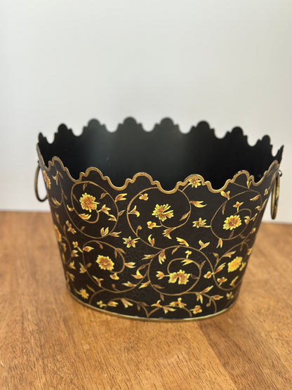 Yellow Floral Tole Cachepot Metal Planter