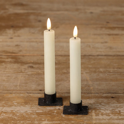 Pair of 3D flame shimmer taper candles in cream, 7.25 inches. Realistic flameless glow, ideal for stylish home decor and ambiance.