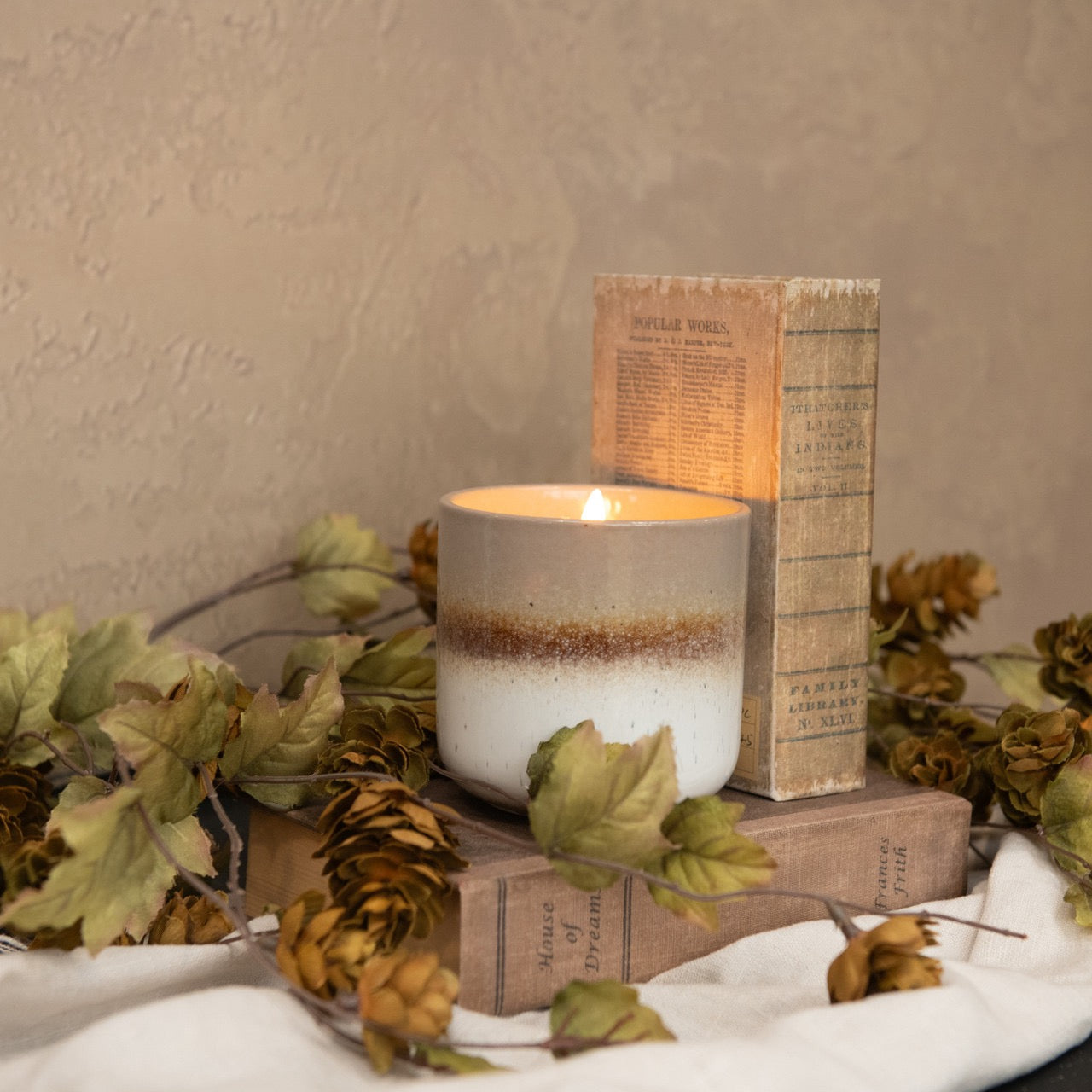 3D Flame Grey, Tan, White Ceramic Candle - 4"