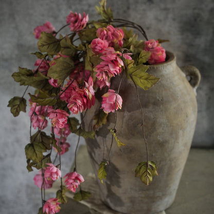 Dark pink hops stem cascading from a rustic clay vase, adding a natural and timeless floral accent to any home setting.