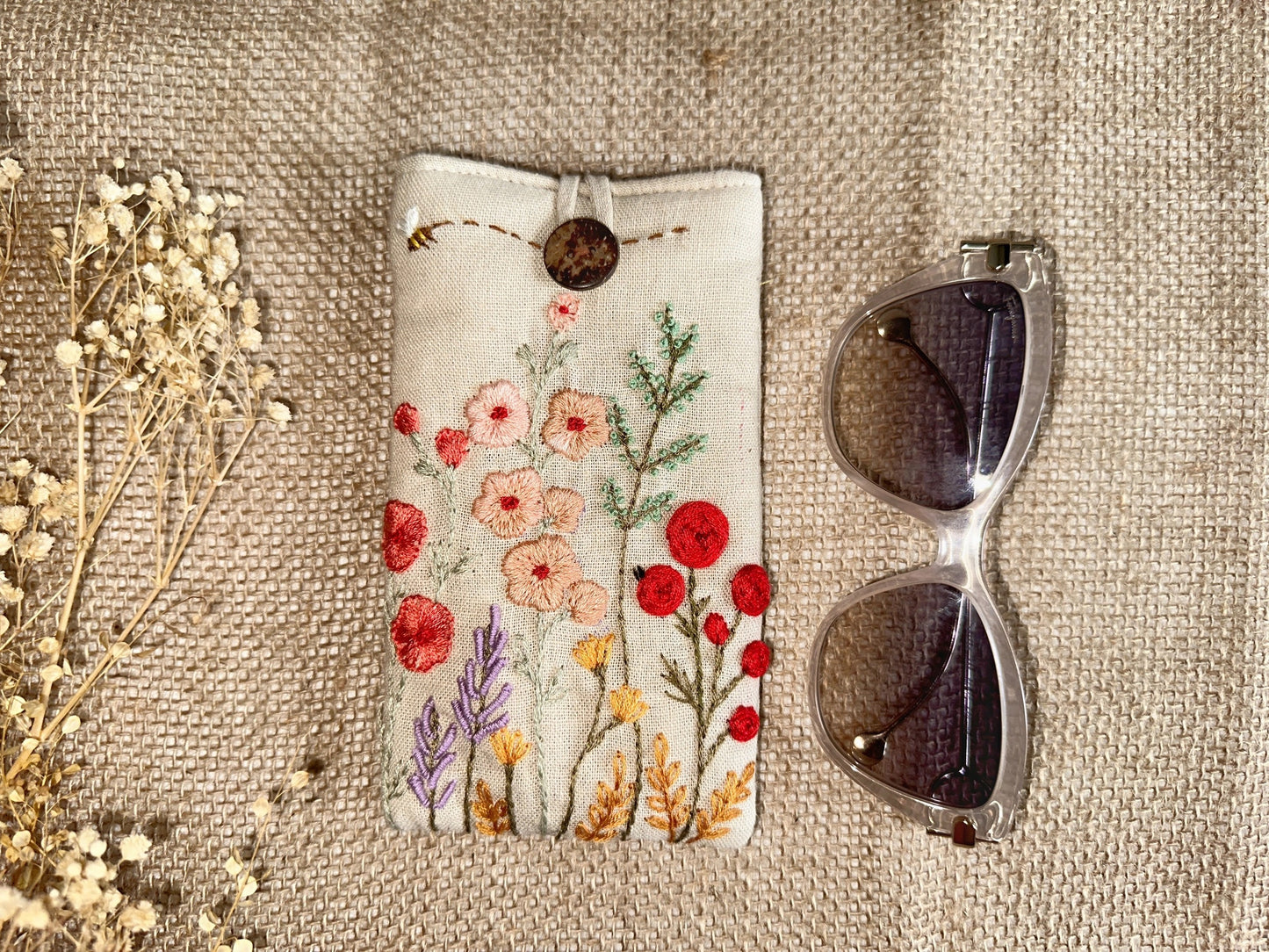 Flower Embroidered Soft Linen Padded Glasses Case