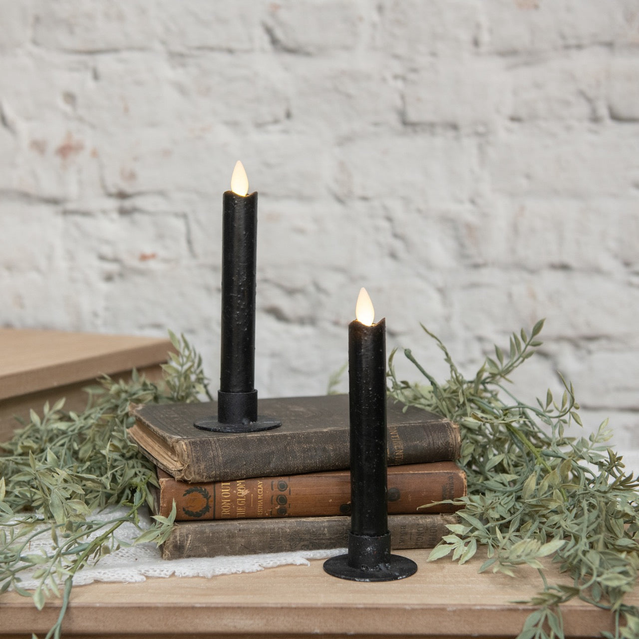 Moving Flame Black Taper Candle - 6.75" Set of 2