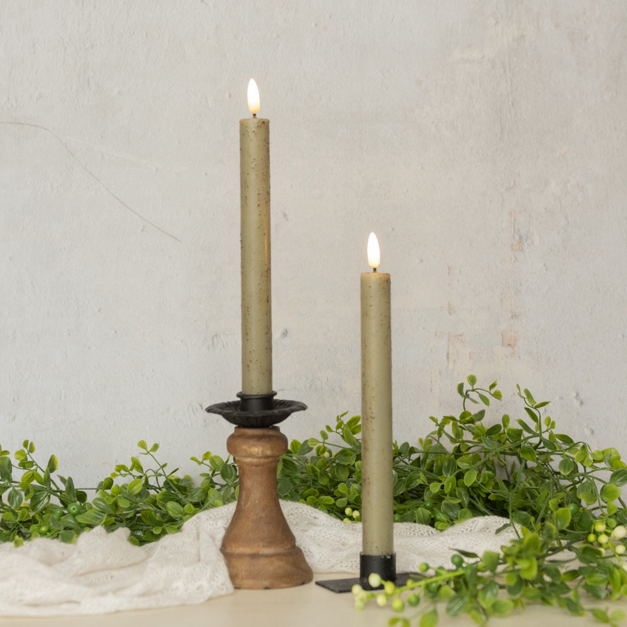 3D Flame Green Taper Candle - 9.5" Set of 2