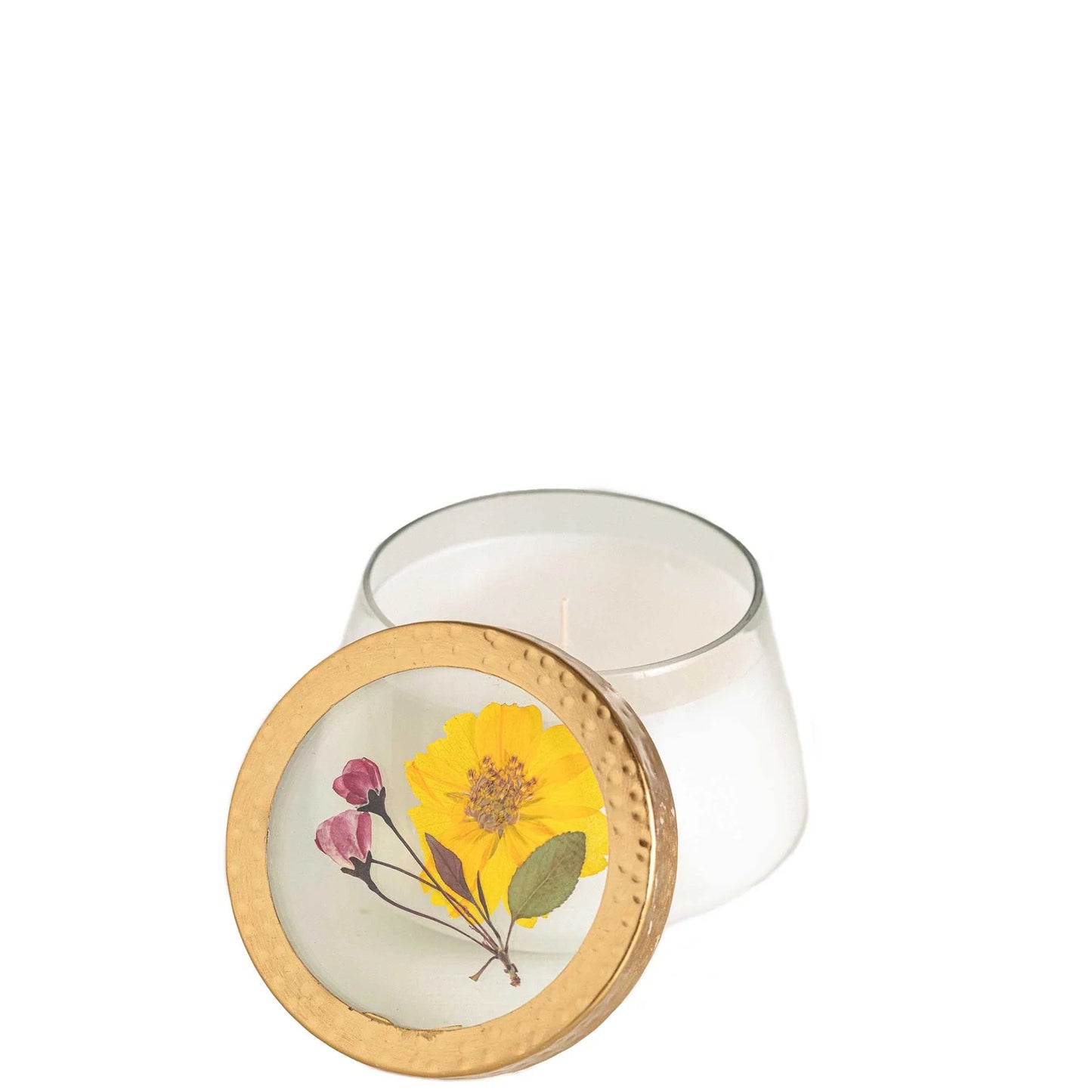 Handmade Rosy Rings Lemon Blossom candle in a glass container with a floral-embellished gold lid. Features a coconut wax blend and a 70-hour burn time.