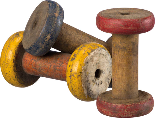 Small Wooden Spool - Antique Wooden Spool with distressed paint in red, yellow, and blue. Handmade primitive decor piece for rustic home styling.